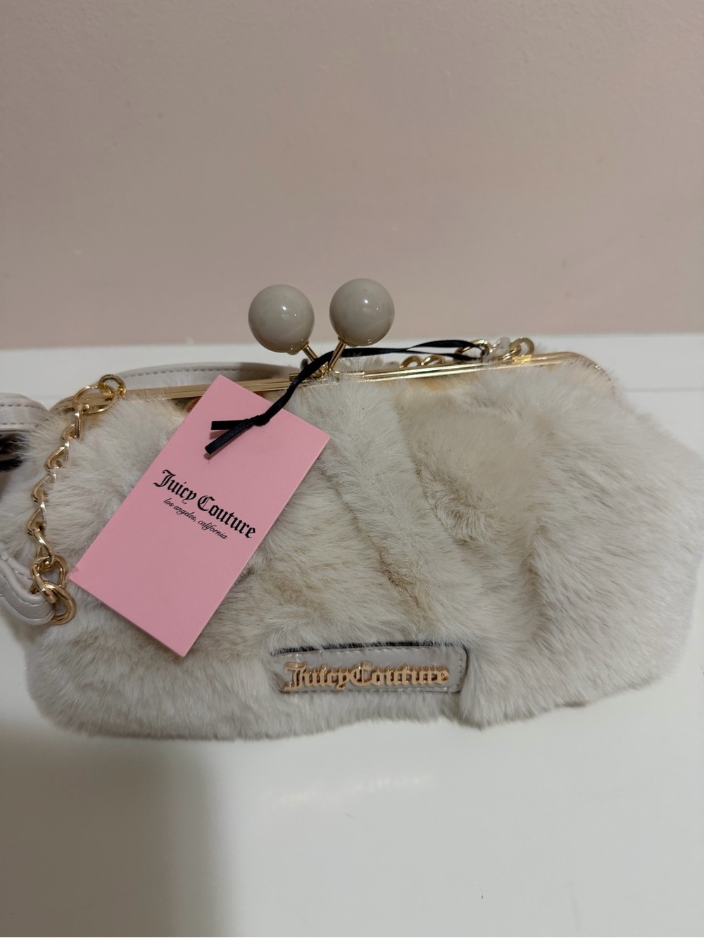Juicy Couture Cream Faux Fur Kiss-Lock Wristlet with Gold Hardware